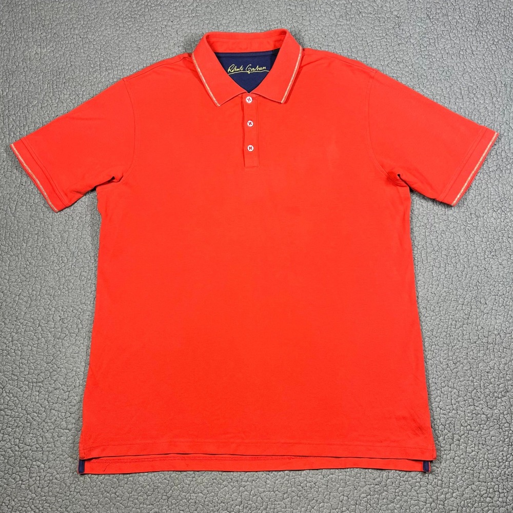Robert Graham Mens XL Orange Short Sleeve Cotton Pique Polo Shirt Gold Trim